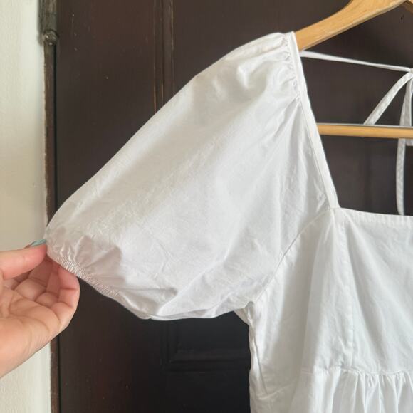 DRAPER JAMES | White Cotton Square Neck Puff Sleeve Mini Babydoll Dress | Small - Picture 4 of 5